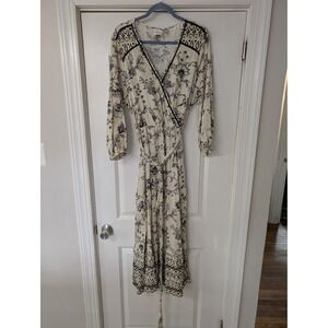 Knox Rose Women XXL Cream Blue Floral Wrap Midi Dress Boho Long Sleeve V-Neck